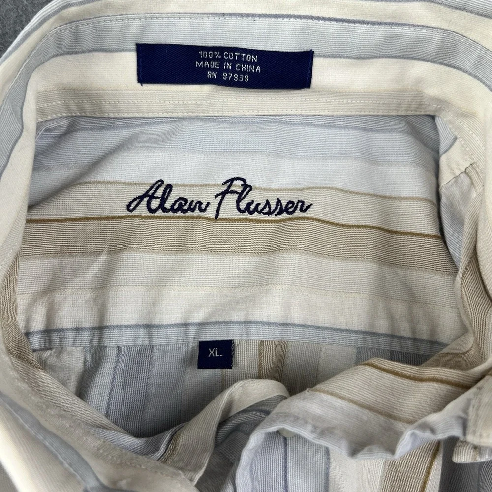 Alan Flusser Button‎ Down Shirt Mens XL Blue Brown Striped Business Dress Shirt